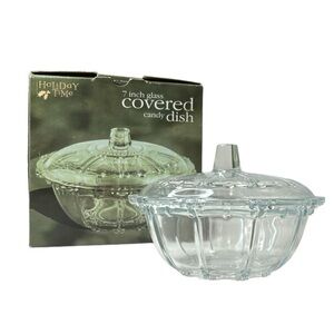 Vintage Holiday Time 7 Inch Glass Covered Candy Dish/Bowl with Lid NEW IN BOX